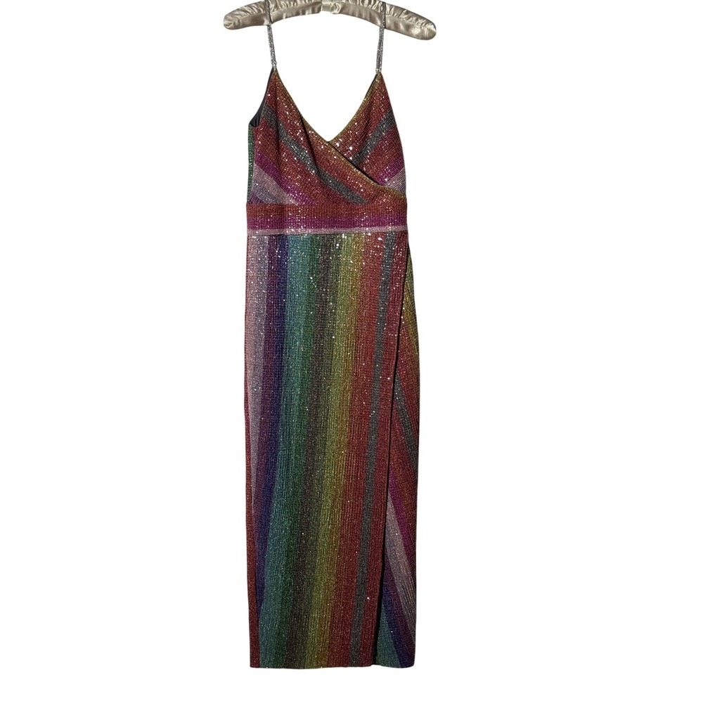 SAYLOR Rainbow Sequin Maxi Dress Multi Color Striped V-Neck Gown Small